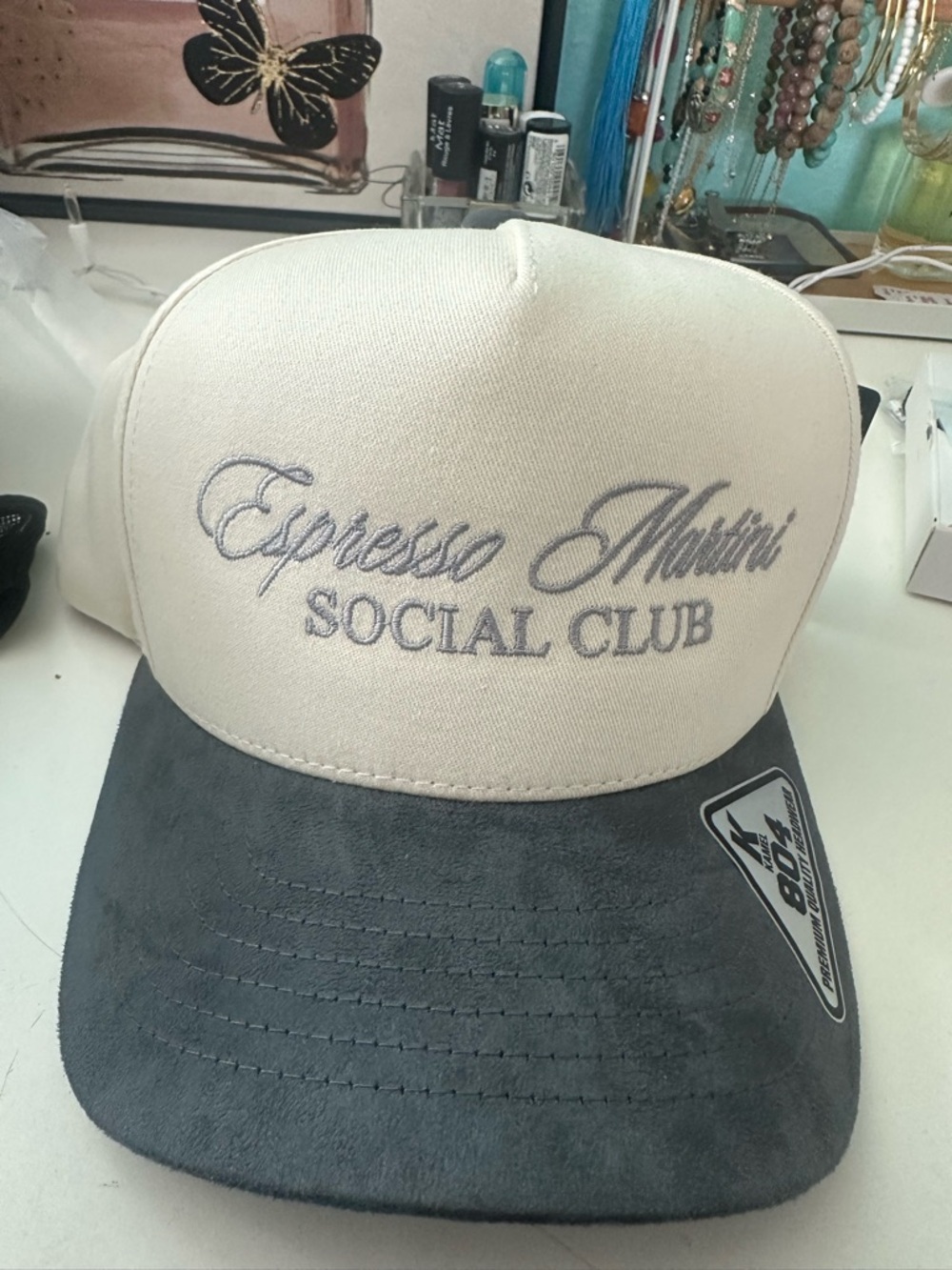 Espresso Martini Social Club Embroidered Trucker Hat - Cream & Gray